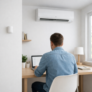 Sensor de movimento Aqara instalado a 1.2 metros de altura detectando presença em home office para automação de ar-condicionado inteligente