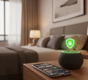 Uma foto de um smartphone mostrando a tela de um aplicativo de autenticação (como Google Authenticator) com um código de 6 dígitos, e ao lado um dispositivo Echo Dot ou Google Home. Poderia ter um pequeno ícone de "cadeado verde" sobre o Echo Dot.