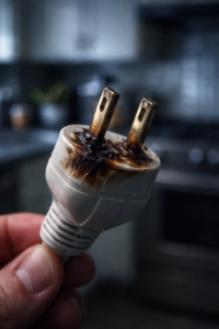 Exemplo de sobrecarga em tomada com plugue danificado.