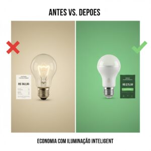 Comparativo de contas de luz antes e depois da automação residencial mostrando redução de R$382 para R$275 mensais