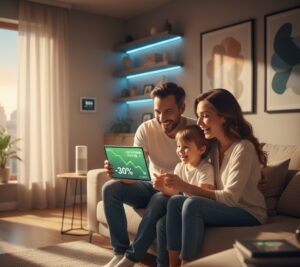 Família feliz em sala automatizada controlando dispositivos smart com economia visível na conta de luz digital