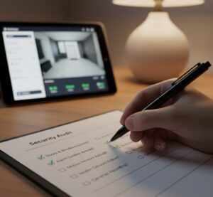 Mão revisando um checklist de auditoria de segurança residencial com um painel de controle digital ao fundo.