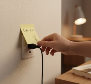 Mão colando um post-it em uma tomada para monitorar manualmente o tempo de uso de um aparelho.