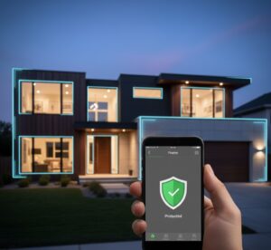 Casa moderna ao entardecer com sobreposição digital azul simbolizando um escudo de segurança invisível e um smartphone em destaque.