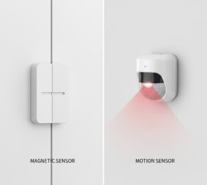 Comparação visual entre um sensor magnético de porta e um sensor de movimento infravermelho de alta tecnologia.