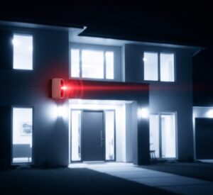 Entrada de casa com luzes intensas e sirene de segurança em funcionamento, demonstrando o sistema de intervenção.