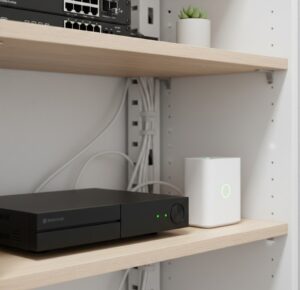 Unidade de DVR e Hub de automação organizados em uma prateleira, representando o centro de evidências e controle da casa.
