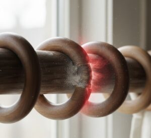 Close-up de uma cortina de varão com argolas, destacando o ponto de atrito que dificulta o trabalho do motor.