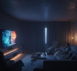Sala de TV com cortinas inteligentes totalmente fechadas e luzes dimerizadas, criando um ambiente de cinema em casa.