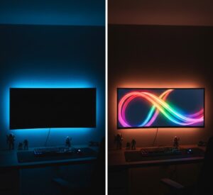 Comparação visual dividida: à esquerda, uma fita RGB comum com cor única azul; à direita, uma fita RGBIC exibindo um arco-íris fluido e vibrante.