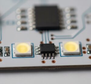 Foto macro em detalhe de uma fita LED, mostrando o pequeno chip controlador (IC) responsável pelo controle individual de cada LED