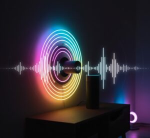 Fita LED RGBIC reagindo a uma caixa de som, com diferentes cores pulsando conforme as frequências da música.