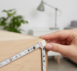 Detalhe de um conector em formato de "L" sendo usado para fazer a curva de 90 graus em uma fita LED sem danificar o circuito.