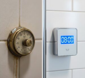 Comparativo entre um timer analógico antigo e um timer digital moderno configurado para 8 minutos.