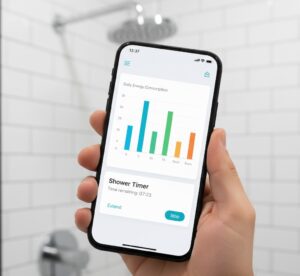 Smartphone exibindo gráfico de consumo de energia do chuveiro através de um aplicativo de automação.