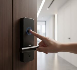 Close-up de uma mão utilizando o sensor biométrico de uma fechadura digital moderna em uma porta de madeira.