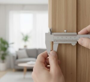 Uso de um paquímetro para medir a espessura de uma porta de madeira, garantindo a compatibilidade com a fechadura digital.