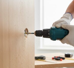 Processo de furação precisa em porta de madeira para instalação de fechadura eletrônica.