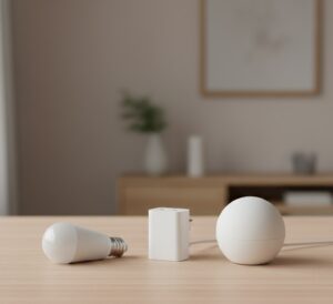 Kit inicial de casa inteligente com lâmpada, tomada inteligente e assistente de voz sobre uma mesa de madeira.