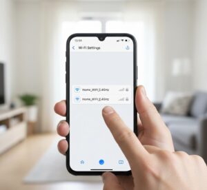 Tomada inteligente conectada à parede controlando um abajur, com LED indicador de funcionamento.