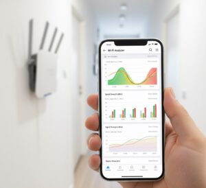 Celular utilizando aplicativo de análise de sinal Wi-Fi para verificar a cobertura em diferentes cômodos da casa.