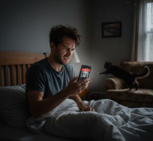 Homem frustrado olhando notificação de falso positivo da câmera inteligente enquanto um gato aparece ao fundo.