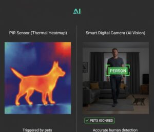 Infográfico comparando a visão de um sensor de calor (PIR) versus a análise de imagem por inteligência artificial.