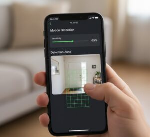 Interface de aplicativo de câmera inteligente mostrando o ajuste de sensibilidade e zonas de detecção.