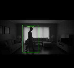 Demonstração de rastreamento humano por IA usando a visão noturna infravermelha da câmera.