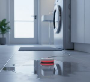 Sensor de vazamento redondo no chão de um apartamento moderno com filete de água e máquina de lavar ao fundo.