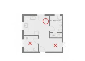 Diagrama de planta baixa de apartamento com pontos críticos para instalação de sensores de vazamento marcados em vermelho.