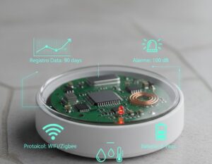Representação gráfica de um sensor de vazamento com ícones de IP67, bateria, termômetro e sensibilidade à água.