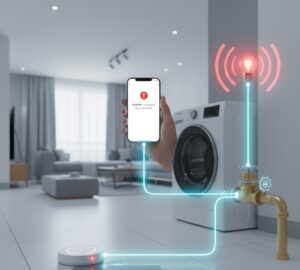 Diagrama de automação residencial mostrando sensor de vazamento conectado a smartphone, lâmpada inteligente e válvula de corte de água.
