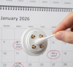 Mão limpando os eletrodos de um sensor de vazamento com cotonete, com um calendário de manutenção ao fundo.
