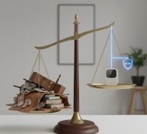 Balança comparando os altos custos de danos por vazamento com o baixo custo de um sensor de vazamento.