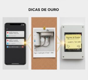 Representação de dicas de ouro: notificação dupla no celular, foto de sensor instalado para seguro, e post-it com localização de registros.