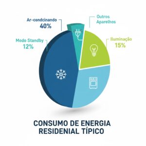 Infográfico mostrando percentual de consumo residencial: ar-condicionado 40%, standby 12%, iluminação 15%, outros aparelhos