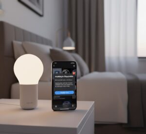 Uma imagem de uma lâmpada inteligente (Positivo ou Philips Hue) com uma pequena notificação de "Update Available" (Atualização Disponível) na tela de um aplicativo de smartphone ao lado.