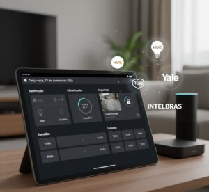 Uma imagem de um dashboard do Home Assistant (ou de um aplicativo unificado) mostrando vários dispositivos de marcas diferentes sendo controlados em uma única tela. Poderia ter ícones de várias marcas (Philips Hue, Tuya, Intelbras) ao redor do dashboard.
