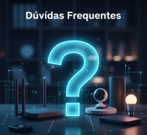 Um ícone grande de um ponto de interrogação sobreposto a uma imagem de fundo de vários roteadores e dispositivos de casa inteligente.