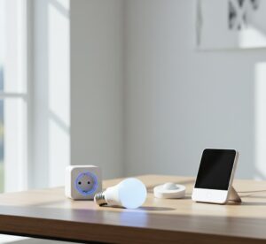 Conjunto de dispositivos de automação residencial: lâmpada LED inteligente, tomada smart, sensor de presença e termostato wifi sobre mesa moderna