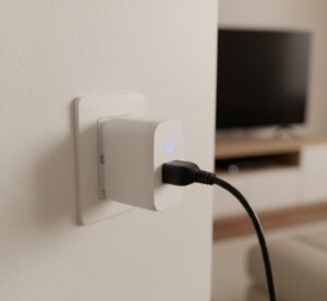 Smart plug Sonoff conectado a uma tomada de parede controlando o consumo de eletrodomésticos.