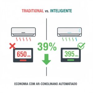 Infográfico comparativo mostrando redução de consumo energético de 650 kWh para 395 kWh com ar-condicionado inteligente representando economia de 39%