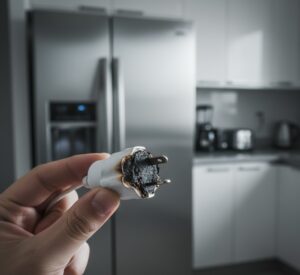 Exemplo de smart plug danificado por sobrecarga elétrica em eletrodoméstico pesado.