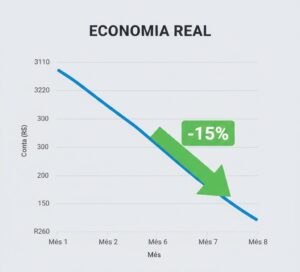 Gráfico de linha mostrando a redução progressiva do valor da conta de luz ao longo de 8 meses.