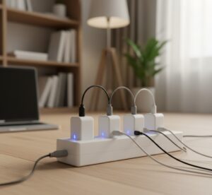 Régua de energia com múltiplos smart plugs conectados, ilustrando o consumo de energia dos próprios dispositivos inteligentes.