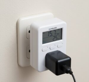 Medidor de consumo de energia elétrica plugável em uso, mostrando a importância de medir o consumo real.