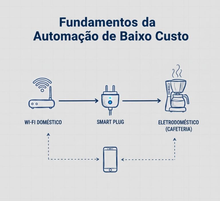 Um esquema simplificado (estilo blueprint ou desenho técnico) mostrando a conexão entre o Wi-Fi, o Plug e o Eletrodoméstico.