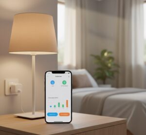 Setup de automação residencial de baixo custo com smart plug e smartphone.