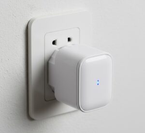 Smart plug branco conectado a uma tomada padrão brasileiro.